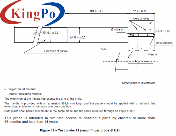 Test Probe 18 Ф8.6mm Small Finger Probe For Simulate Children Finger IEC 61032 Figure 12